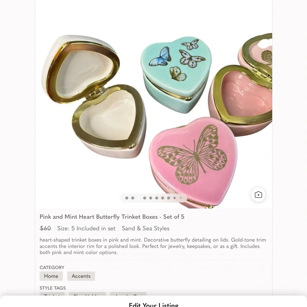 Heart Butterfly Trinket Boxes Set of 5 Pink Mint Gold Decor